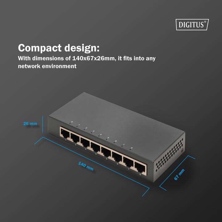 Produktbild Digitus 8-Port Gigabit Switch, Desktop, Unmanaged, Metallgehäuse (8 Ports)