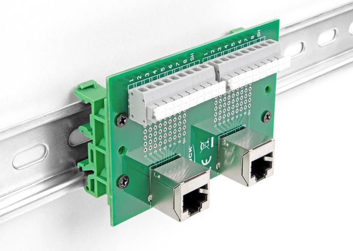 Produktbild Delock RJ45 2 x Buchse zu 2 x Terminalblock mit Drucktaster für Hutschiene gewin