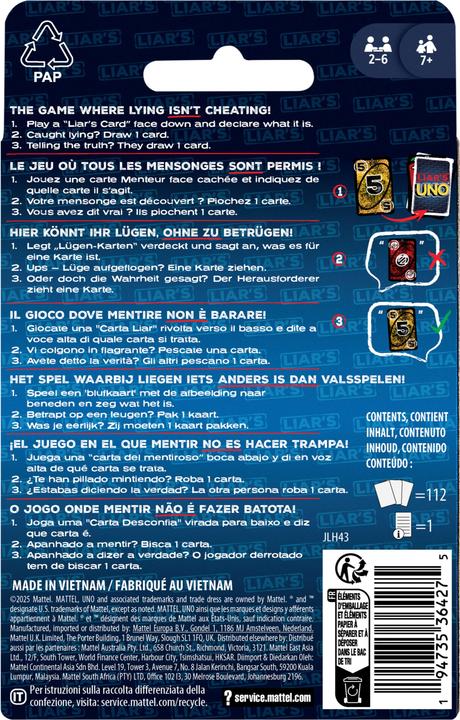 Produktbild Mattel UNO Liars (Deutsch, Englisch, Französisch, Italienisch, Niederländisch, Portugiesisch, Spanisch, 2 - 6 Spieler)