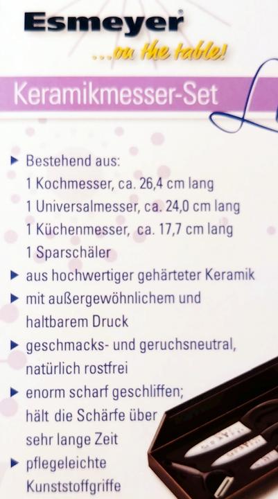 Produktbild Esmeyer Keramikmesser Set: 3 Küchenmesser, 1 Sparschäler (7.60 cm)