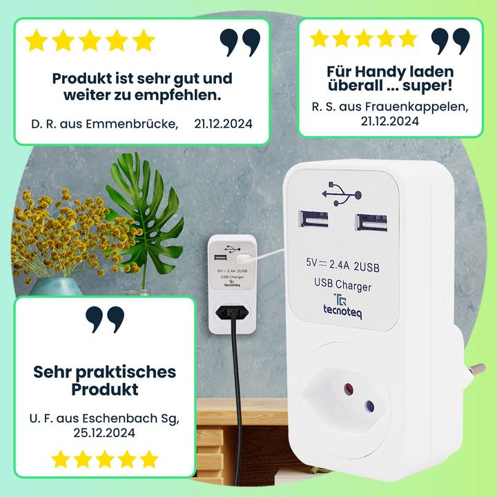 Actual product image Tecnoteq Socket outlet with 2x USB charging port 2.4A overvoltage protection, Swiss-Edition