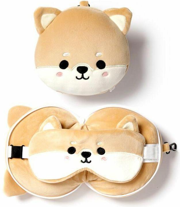 Actual product image Puckator Relaxeazzz Plush Shiba Inu Dog Round Travel Pillow with Eye Mask