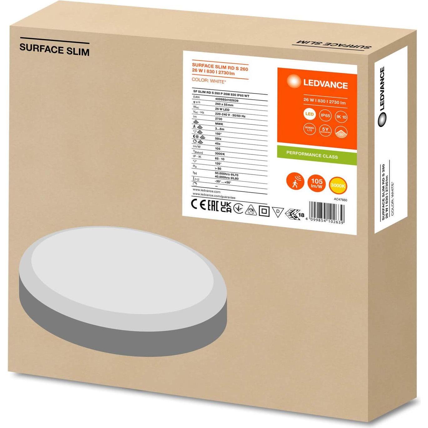 Thumbnail - Ledvance, Wandleuchte + Deckenleuchte, SURFACE SLIM Wand-/Deckenleuchte IK10 rund 260 Sensor 26W 830 weiss IP65 (2730 lm...
