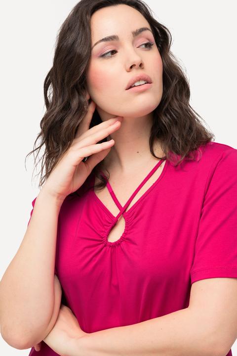 Image du produit Ulla Popken T-shirt à rubans fantaisie, manches courtes et découpe (58)