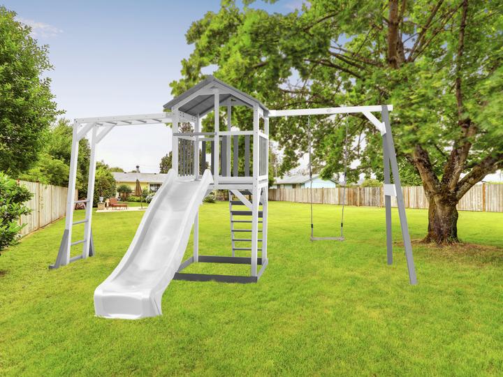 Actual product image Axi Beach Tower Play Tower with Climbing Frame and Single Swing - White Slide
