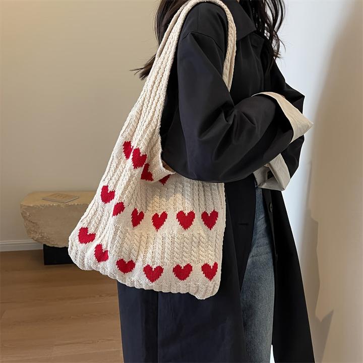 Actual product image Only-Bags.Store Minimalist hobo bag with love pattern, knitted shopping bag, lightweight holiday bag