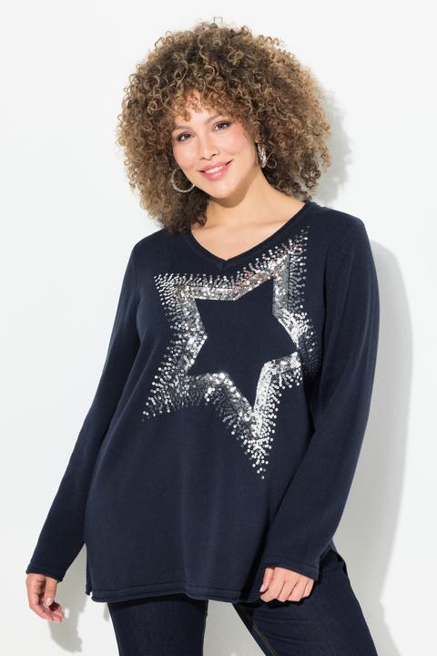 Produktbild Ulla Popken Pullover, Pailletten-Stern, V-Ausschnitt, Langarm (56)