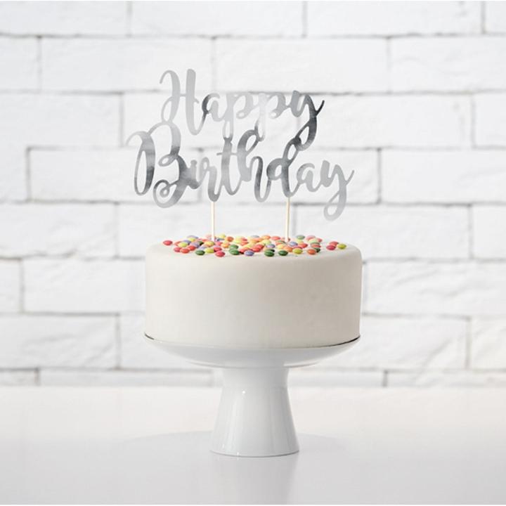 Actual product image Partydeco Décoration Argentée pour gâteau "Happy Birthday (1 Piece)
