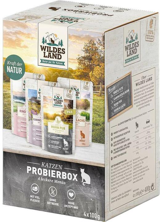 Actual product image Wildes Land Fel Adult Pouch Probierbox, Nassfutter für Katzen (4x100g) (Adult, 4 pcs., 400 g)