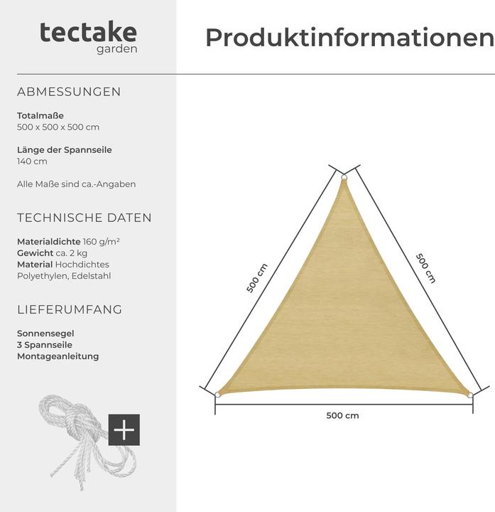 Produktbild tectake Sonnensegel (500 x 500 x 500 cm)