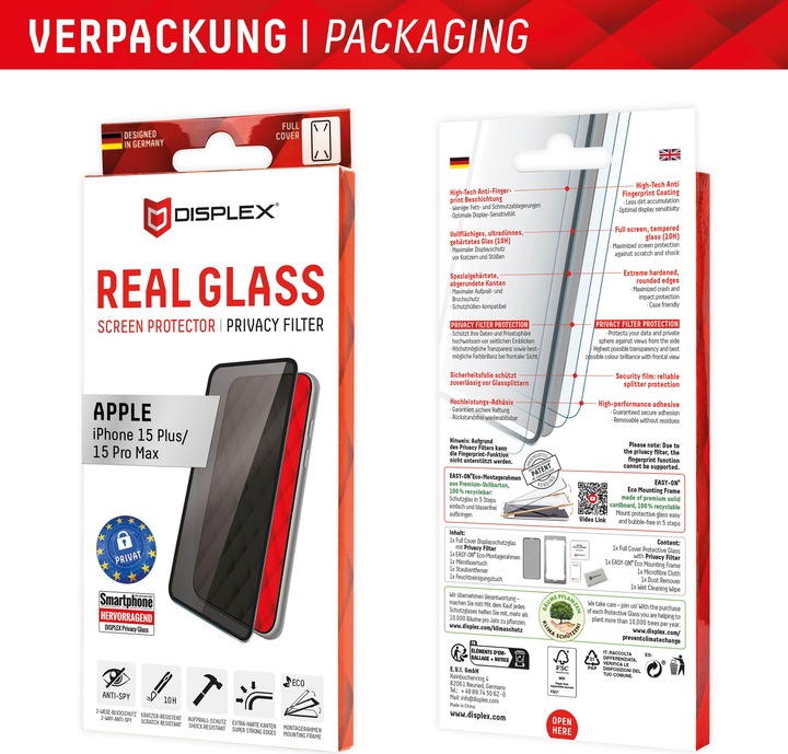Produktbild Displex Real Glass, Privacy Full Cover Panzerglas (1 Stück, Apple iPhone 15 Plus, Apple iPhone 15 Pro Max)
