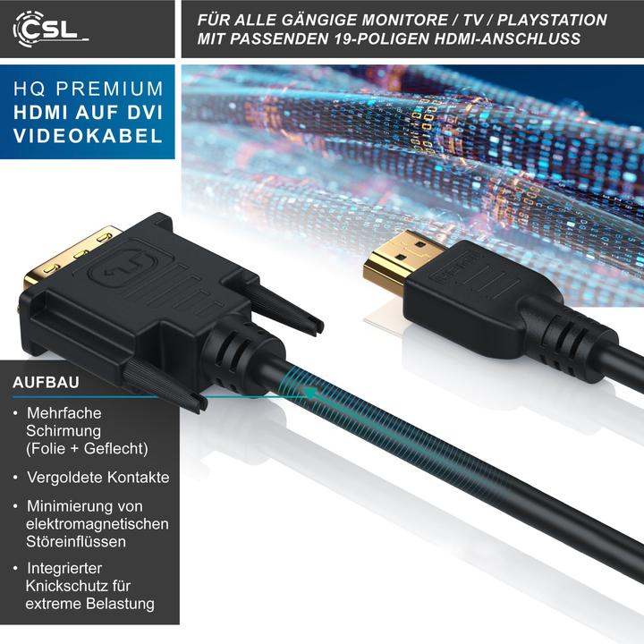 Produktbild CSL DVI zu HDMI Kabel - Dual Link 24 1 - HDTV Auflösungen bis 2560x1600 - OFC Kupferleiter (5 m, HDMI, DVI)