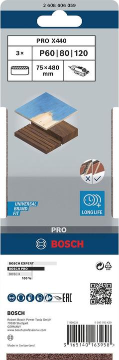 Produktbild Bosch Professional Zubehör PRO X440 Schleifband, 75 x 480 mm, G60, G80, G100, 3-tlg. (60, 80, 100)