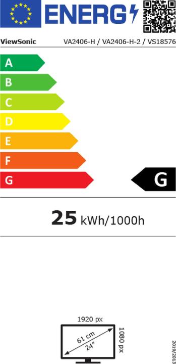 Label énergétique Viewsonic Mon 24" Va Fhd VGA HDMI Black Eye Care (1920 x 1080 pixels, 24")