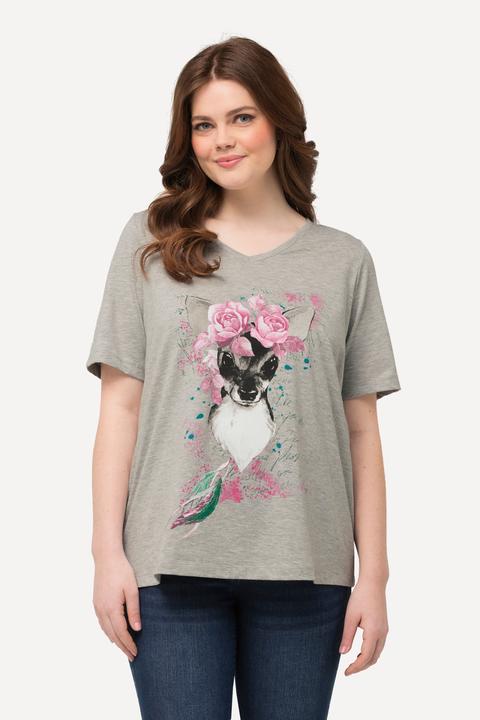 Immagine prodotto Ulla Popken T-shirt classica con caprioletto, fiori, scollo a V e mezze maniche (46, 48)