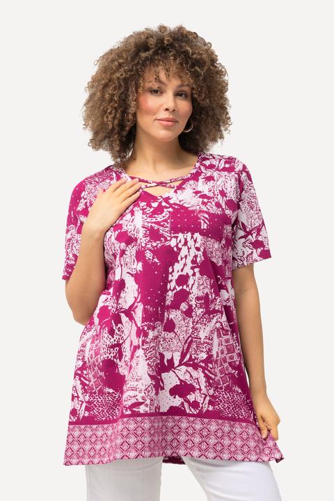 Immagine prodotto Ulla Popken T-shirt con stampa patchwork, laccetti, scollo a V e mezze maniche (46, 48)