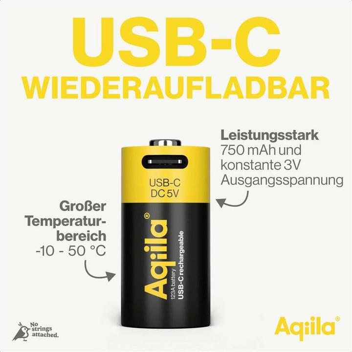 Actual product image Aqiila - USB-C Rechargeable Battery - Size CR123A - 750 mAh - 2-pack (2 pcs., RCR123A, 750 mAh)