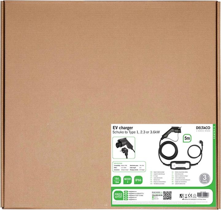 Actual product image Deltaco Electric car charging cable Schuko - Type 1, 1 phase, 3.6KW, 5m, black (3.60 kW, 16 A, 6 m)