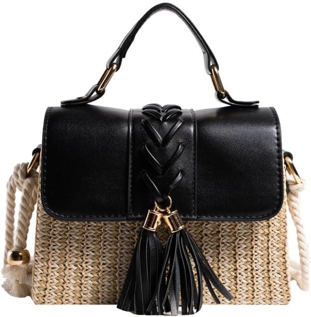 Only-Bags.Store Quaste Dekor Stroh gewebt Handtaschen, Mini Rope Strap Crossbody Strandtasche, Frauen Top Handle