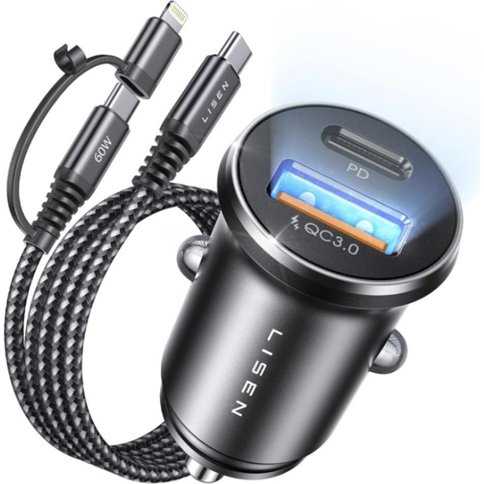 Lisen - Car Charger (YL0223080035) - with 3in1 Armor Cable, USB, Type-C, 36W, 12V=24V - Black, Adattatore per auto, Nero
