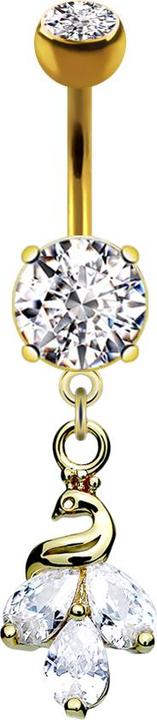 Produktbild Star Piercing Banane 14k vergoldet mit zwei Kugeln Kristall silber Anhänger Pfau (Messing, Chirurgenstahl 316L)