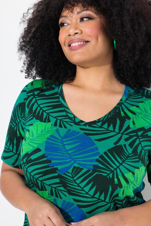Produktbild Ulla Popken T-Shirt, Blätter, A-Linie, V-Ausschnitt, Halbarm (58)