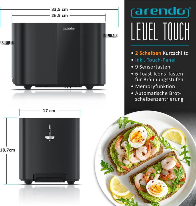 Produktbild Arendo Toaster Edelstahl 2 Scheiben Kurzschlitz, Touch Display, Bräunungsgrad & Restzeitanzeige, 800 W