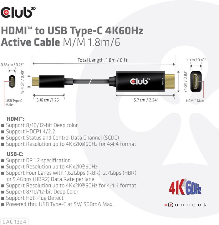 Productafbeelding Club 3D HDMI (Type A) - USB Type C (1.80 m)