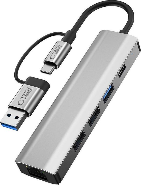 Immagine prodotto Tech-Protect HB03 HUB Adapter 5in1 USB-C + USB2.0 + USB3.0 + RJ45 - gray (USB-A, USB-C, 5 porte)