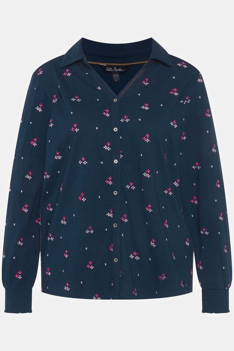 Ulla Popken Jersey-Bluse, Stickerei, Gummisaum, Hemdkragen, Langarm