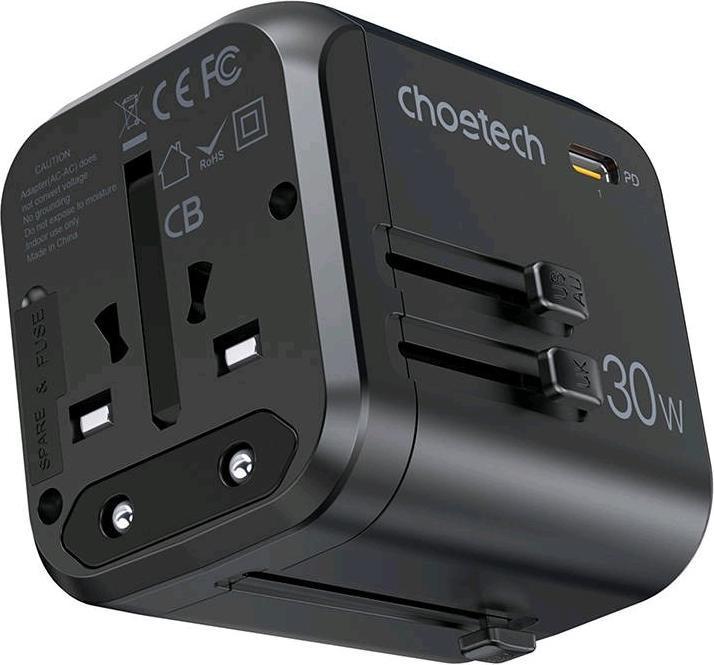 Actual product image Choetech Travel wall charger PD5008, 3xUSB-A, 1xUSB-C, GaN, 30W (black) (30 W, 2 ports)