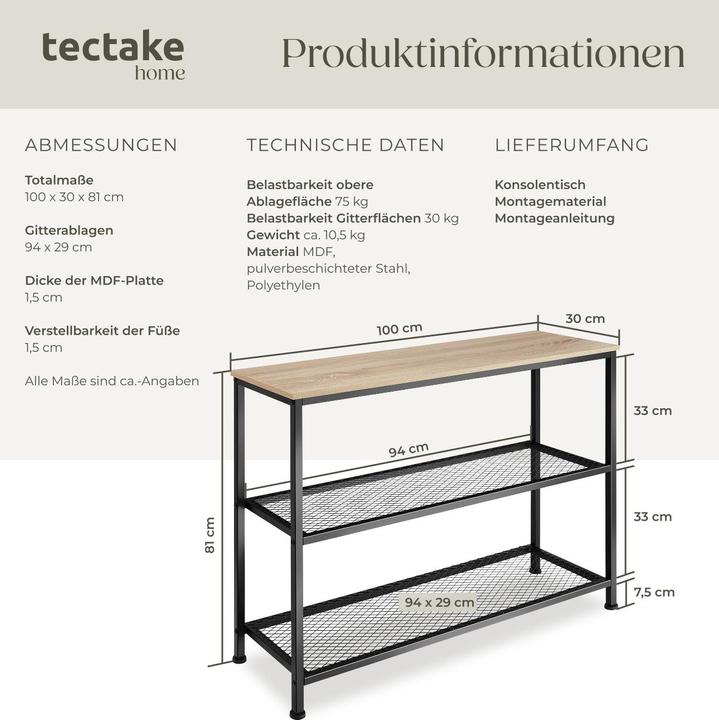 Produktbild tectake Konsolentisch Bristol 100x30x81cm (100 x 30 x 81 cm)