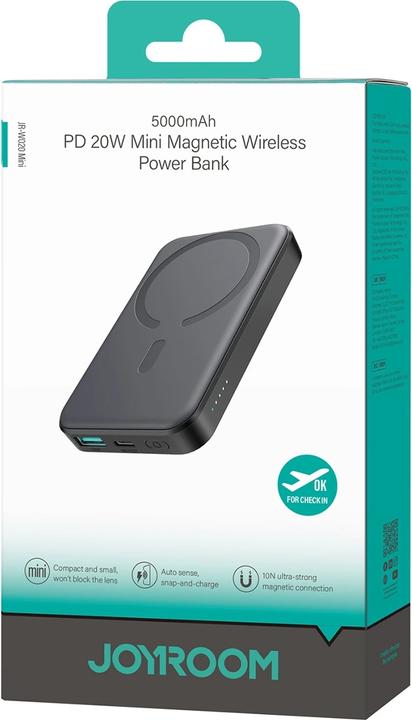 Actual product image Joyroom Powerbank JR-W020 Mini 5000mAh USB-A USB-C inductive 20W - black + USB-C / USB-C cable (5000 mAh, 20 W, 18.50 Wh)