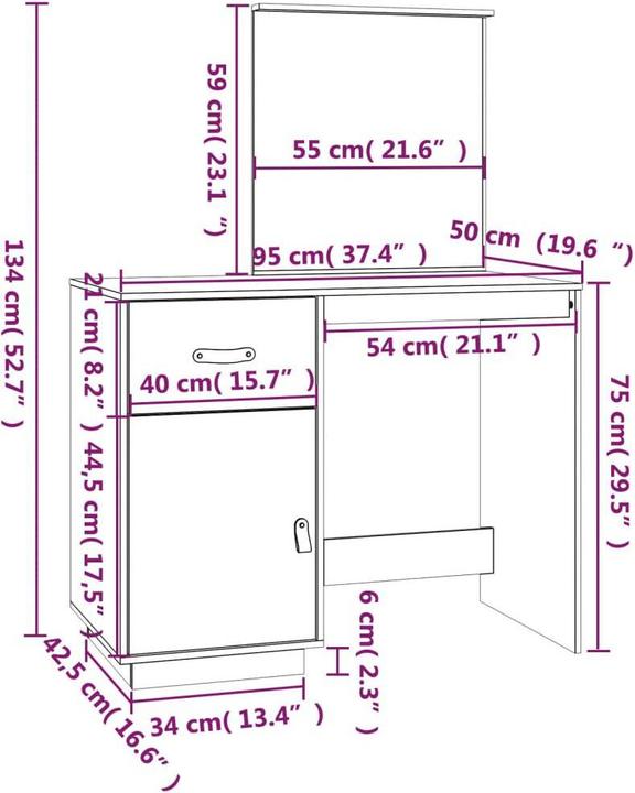 Actual product image vidaXL Schminktisch (95 x 50 x 134 cm)