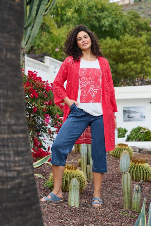 Produktbild Ulla Popken Long-Strickjacke, Ajourstrick, offene Form, 3/4-Arm (50, 52)