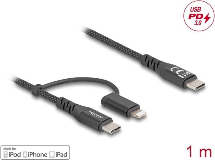 Image du produit Delock Câble USB 2 en 1 USB Type-C vers USB Type-C / Lightning (1 m, USB 2.0, USB 3.0, 60 W)