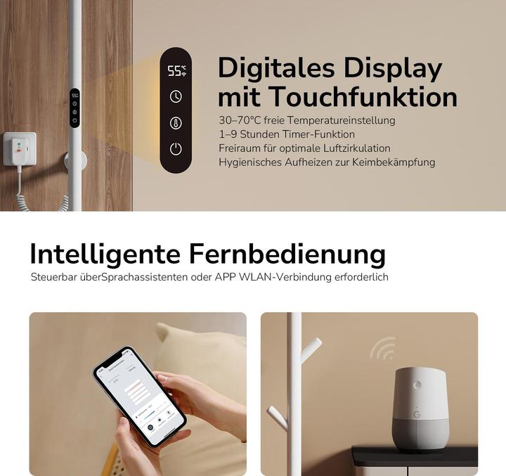 Produktbild Emke Elektrischer Handtuchheizkörper, 110W, LED-Display, Intelligentes Thermostat, WiFi/APP-Steuerung, Ti