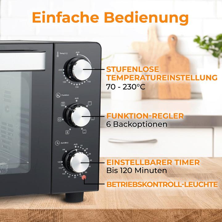 Produktbild KLAMER Minibackofen mit Umluft (30 Liter), 6 Backfunktionen, 70-230°C, 120 min. Timer, Mini-Ofe…