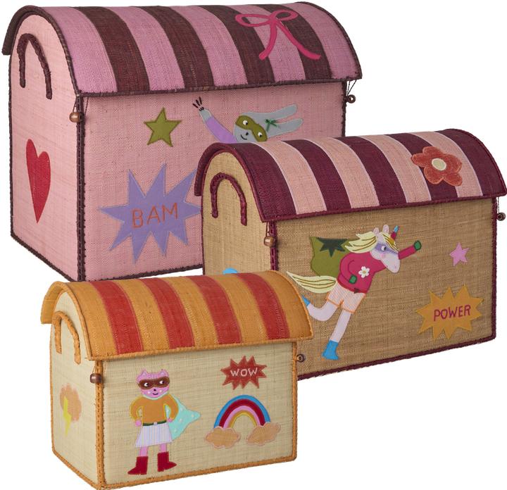 Rice - Raffia Toy Baskets with Hero Theme - Pink - Large, Medium, Small