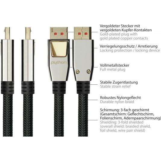 Thumbnail - Python GC M0218 DisplayPort 1.4 auf HDMI 2.0 A Stecker, 3 m, schwarz (3 m, DisplayPort), Video Kabel