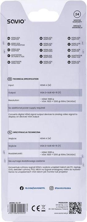 Nutritional values and ingredients Savio CL-27 Video Cable Adapter VGA (D-Sub) HDMI Type A (Standard) (VGA, HDMI, 20 cm)
