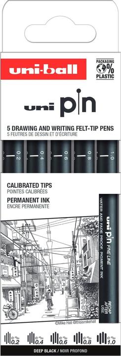 Immagine prodotto Uni-ball Fineliner Classic Street, nero, 5 pezzi (Nero, 5x)