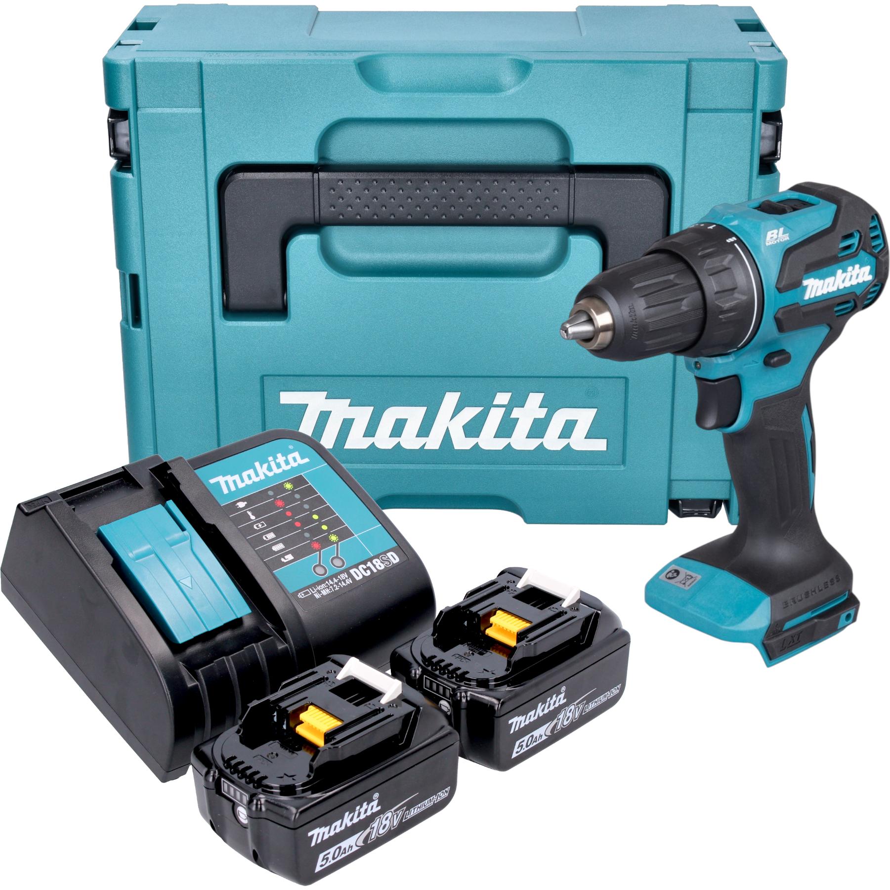 Makita, Trapano + Avvitatore a batteria, DDF 490 STJ Akku Bohrschrauber 18 V 65 Nm 1/2" Brushless + 2x Akku 5,0 Ah + Ladegerät +