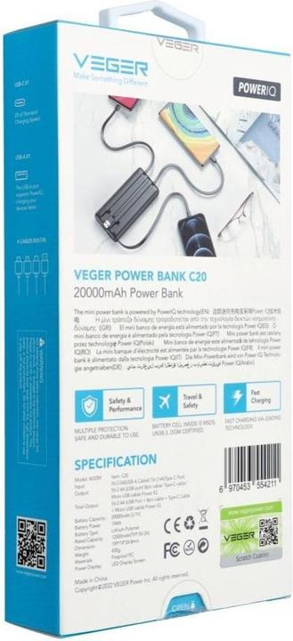 Immagine prodotto Veger C20 Powerbank con cavo - 20'000mAh (20000 mAh, 10 W, 77 Wh)