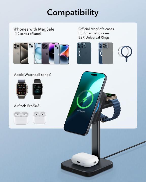 Produktbild ESR Wireless 3-in-1 charging station (HaloLock) Qi2 with CryoBoost (15 W)