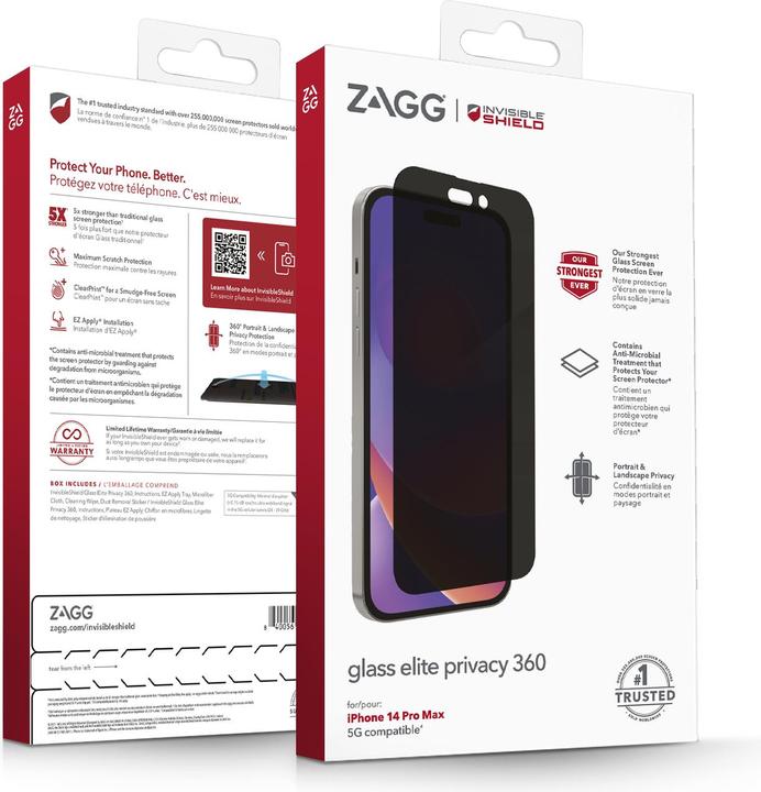 Actual product image Zagg InvisibleShield Glass Elite Privacy 360, 17 cm (6.7"), Smartphone, Filtre de confidentialité sa (1 Piece, Apple iPhone 14 Pro Max)