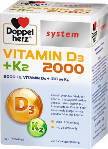 Doppelherz system Vitamin D3 + K2 2000 Tablets, 120 Tablets (120 Piece, Pills)