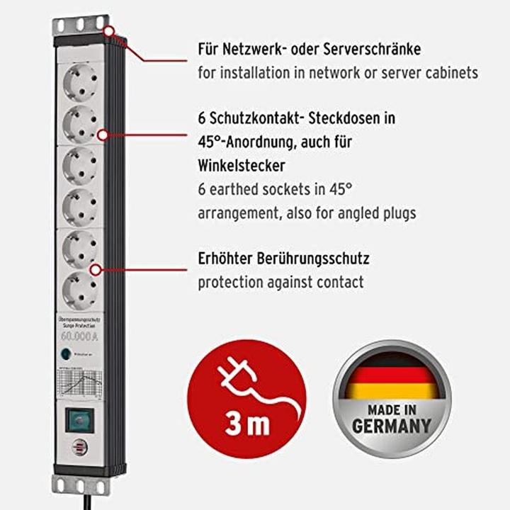 Image du produit Brennenstuhl 48,30cm (19"") Prises multiples Premium-Line, 6x (6 x, CEE 7/3, 3 m)