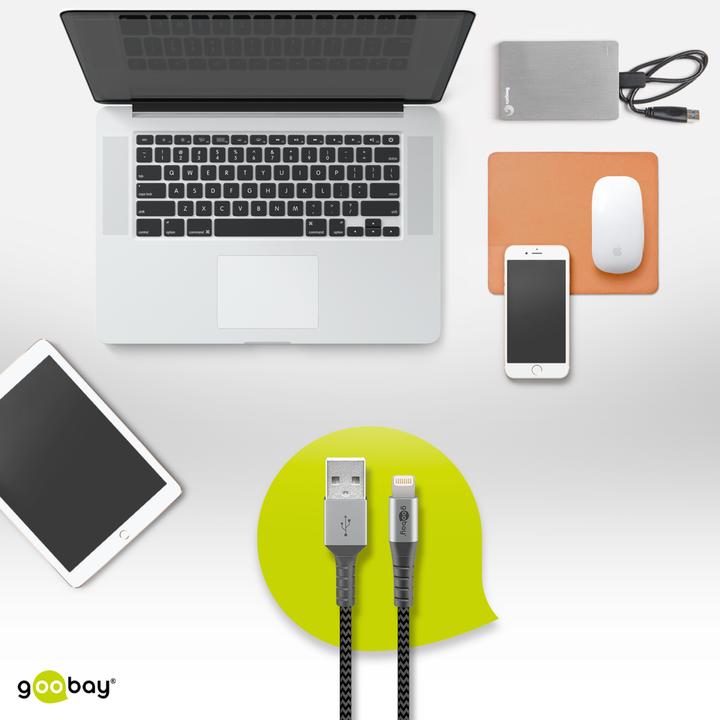 Actual product image Goobay Lightning to USB-A textile cable with metal plugs (space gray/silver) 2 m, 2 m, black-gray (2 m, USB 2.0)