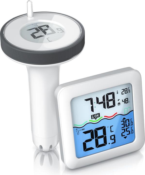 Bearware Poolthermometer mit Schwimmer, Schwimmthermometer, Funkuhr, Raum- und Luftfeuchte, IP67 Wecker